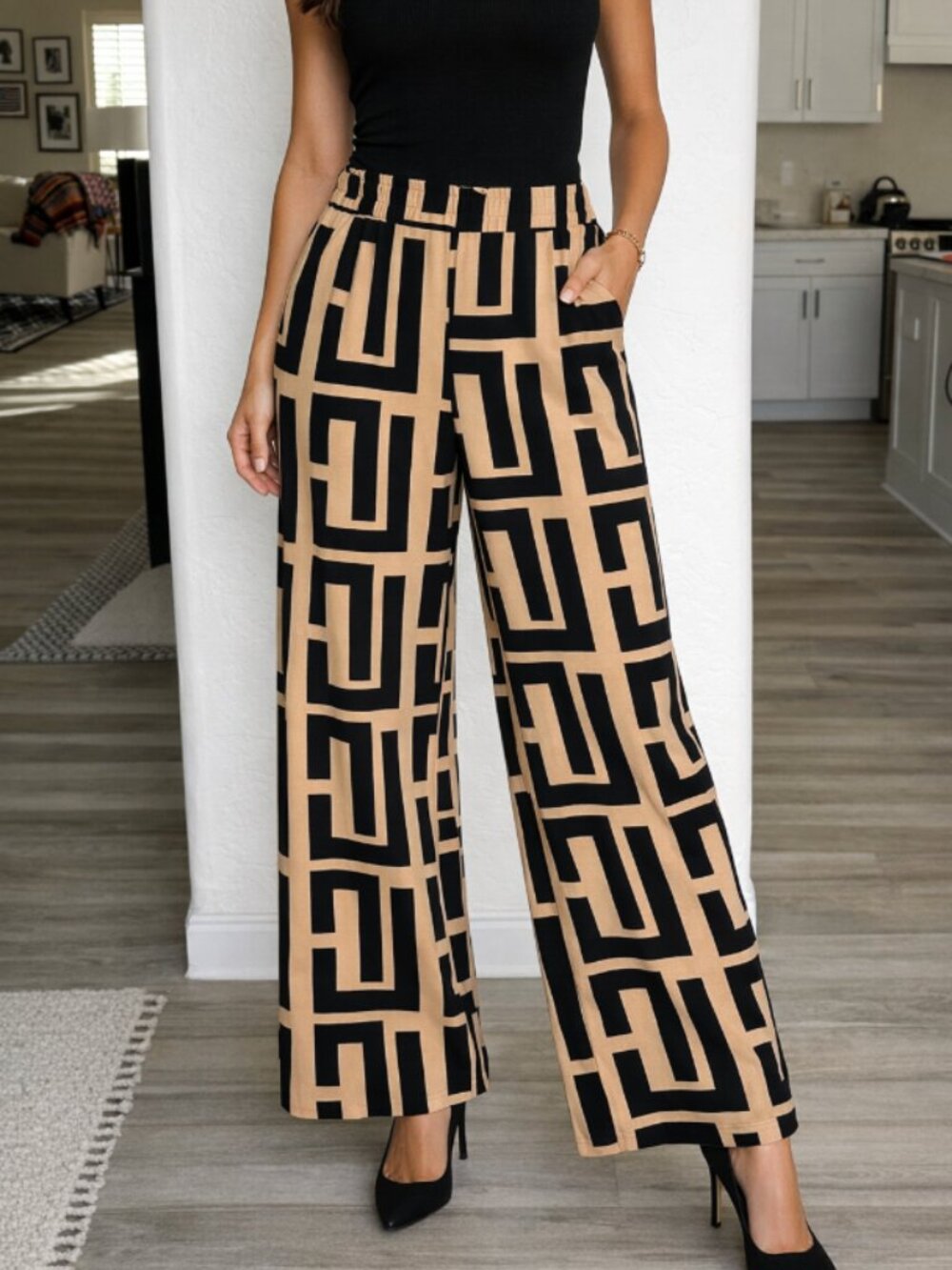 Chic Wide Leg Flowy Pants Black Tan - Sz Appox M-L